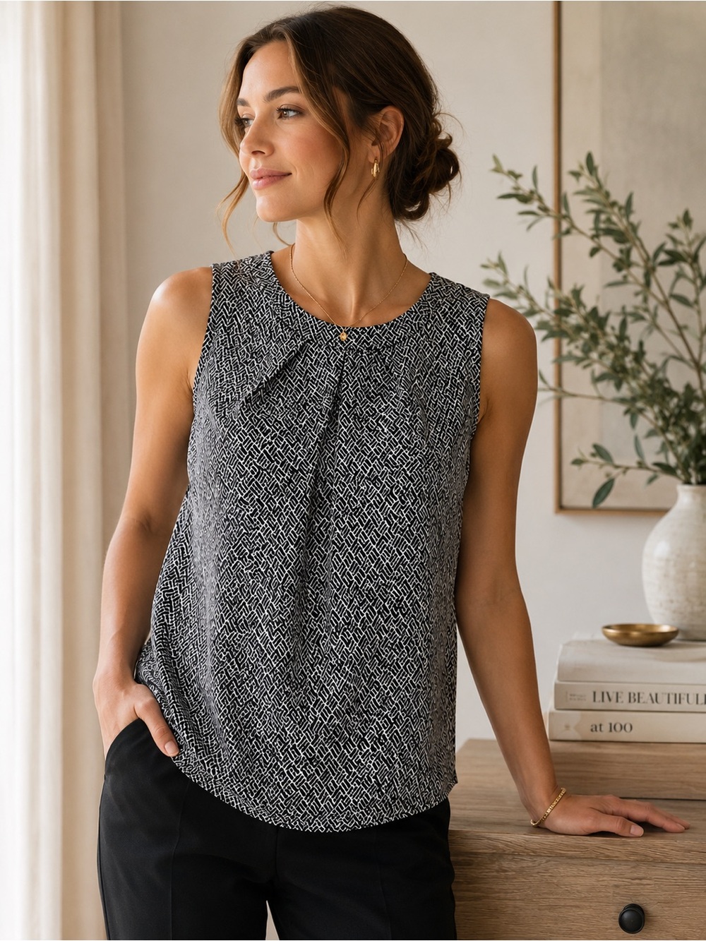 Black White Minimal Print Linen Blend Sleeveless Shell Top Office Chic Medium